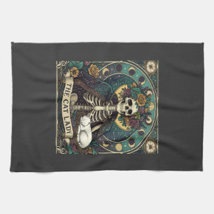 Katzenlady Halloween Skelett Blumen Mond Kompass Geschirrtuch