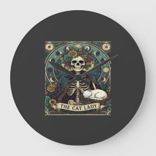 Katzenlady Halloween Skelett Blumen Mond Kompass Große Wanduhr