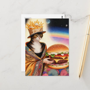 Katzenlady Pommes-frites-Mütze und ein Cheeseburge Postkarte