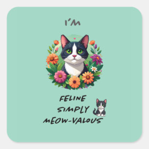 Katzenliebhaber floral Tuxedo-Katze  Quadratischer Aufkleber