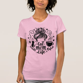 Katzenmama-Leben-Unordentlicher-Bun-Coffee-und-Kat T-Shirt