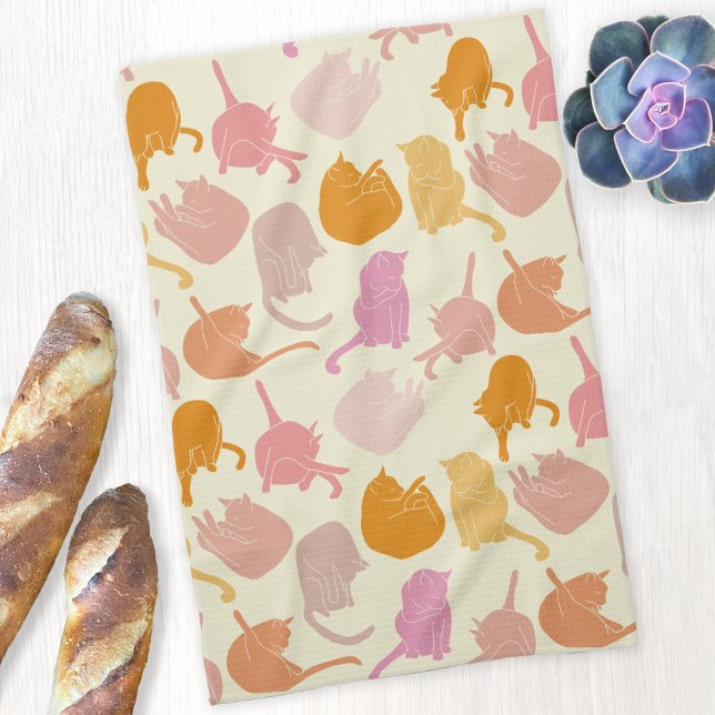 Katzenmuster Rosa Orangencreme Geschirrtuch (Fun kitty cat pattern pink orange cream kitchen towel for animal lovers)