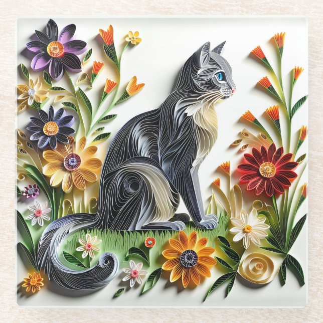 Katzenpapier Katzenkatze und Blume Imitate Glasuntersetzer (Vorderseite)