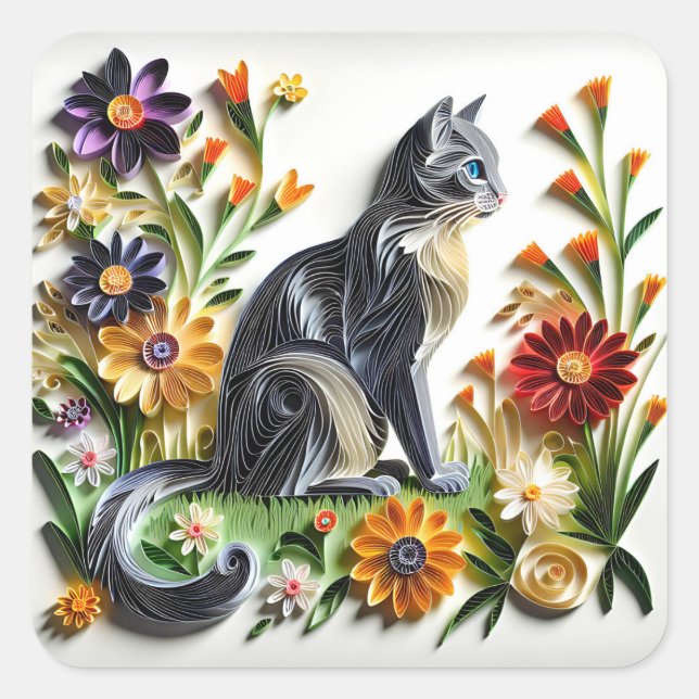 Katzenpapier Katzenkatze und Blume Imitate Quadratischer Aufkleber (Vorderseite)