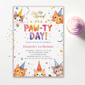Katzenparty Farbige Kätzchen Kinder Süß 1. Geburts Einladung