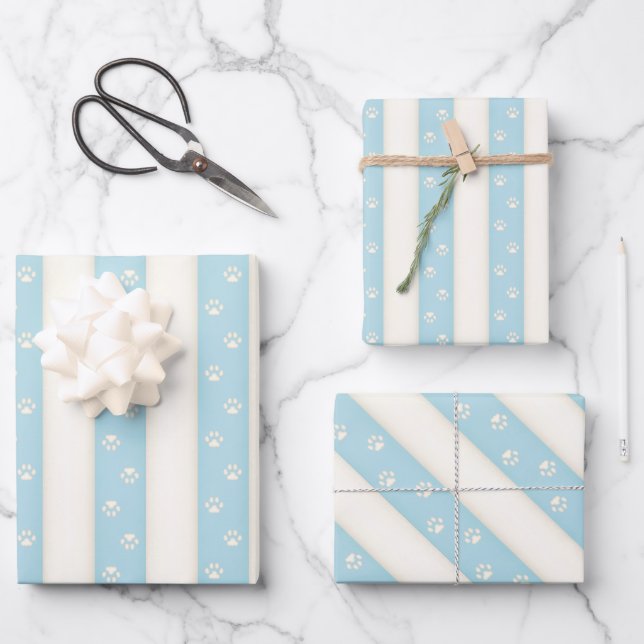 Katzenpaw-Prints auf blassblauem und antikem weiße Geschenkpapier Set (Vorderseite)