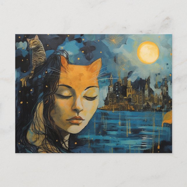 Katzenperson in einer Starry City AI Generated Art Postkarte (Vorderseite)