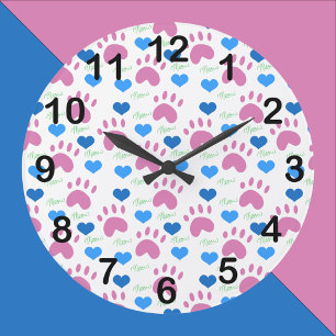Katzenpfoten-Herzen-Miau-Rosa-Blau-Muster Große Wanduhr