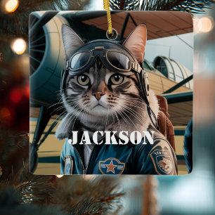 Katzenpilot-Flugzeug Lustige Luftfahrt Weihnachten Keramikornament
