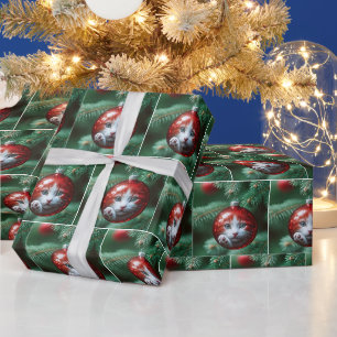 Katzenreflexion in einem roten Weihnachtsbaumschmu Geschenkpapier