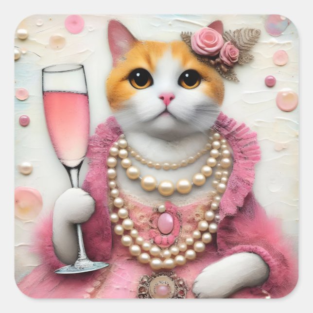 Katzenrosa Kleid mit Perlen mit Drink Quadratischer Aufkleber (Vorderseite)