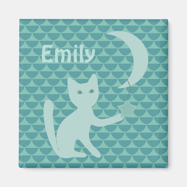 Katzenspiel mit Mond und Star Aquamarin Personalis Magnet (Vorne)