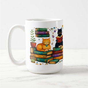 Katzenszene beim Lesen von Büchern in einer gemütl Kaffeetasse