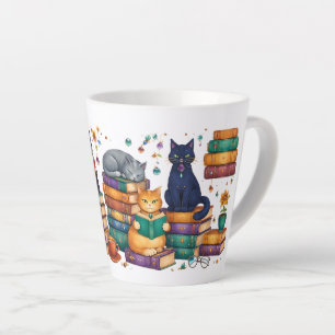 Katzenszene beim Lesen von Büchern in einer gemütl Milchtasse