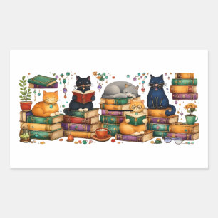 Katzenszene in einer gemütlichen Bibliothek beim B Rechteckiger Aufkleber