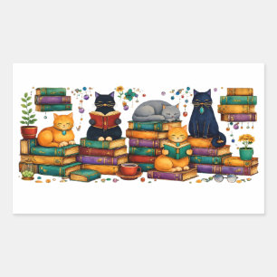 Katzenszene in einer gemütlichen Bibliothek beim B Rechteckiger Aufkleber