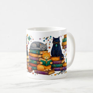 Katzenszene in gemütlicher Bibliothek beim Bücherl Kaffeetasse