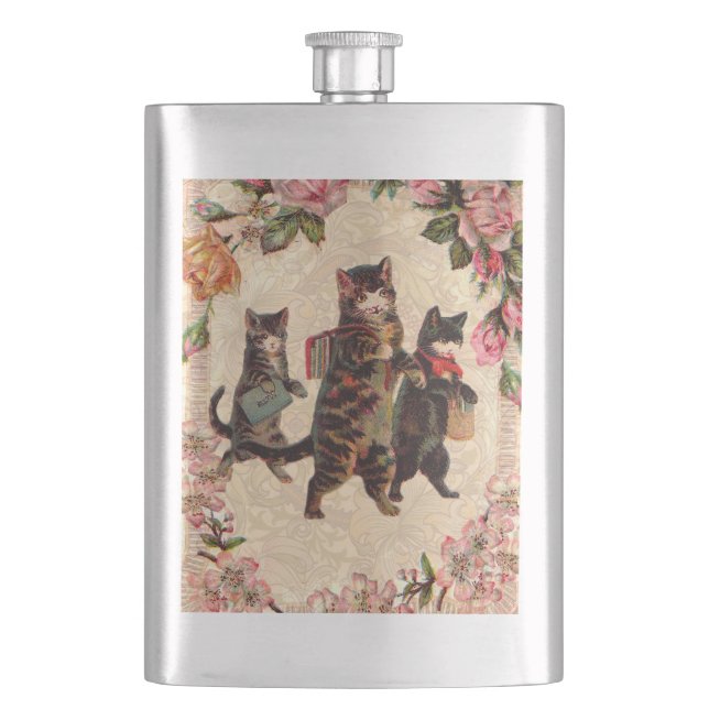 KatzenVintage Hübsche antike Kätzchen Flachmann (Vorderseite)