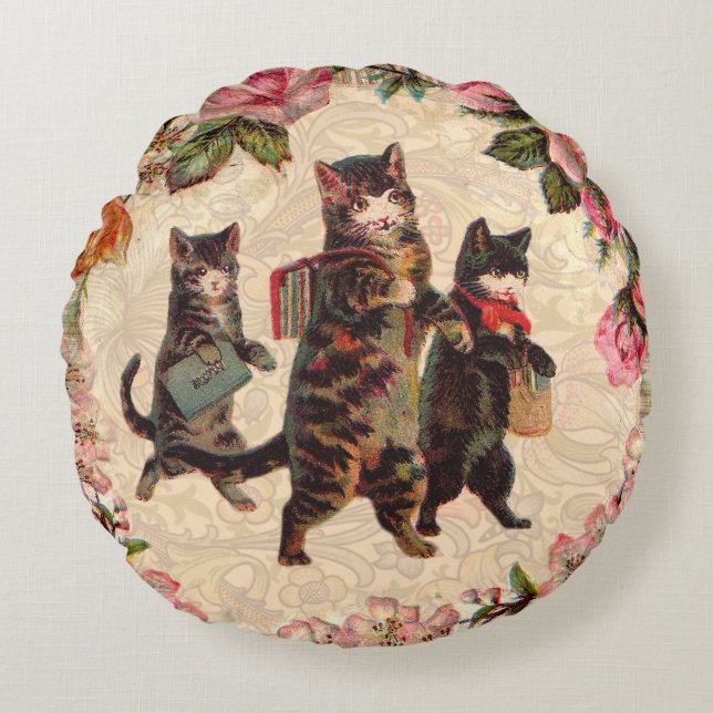KatzenVintage Hübsche antike Kätzchen Rundes Kissen (Vorderseite)