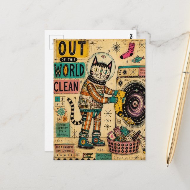 Katzenwäsche-Collage Postkarte (Vorderseite/Rückseite Beispiel)
