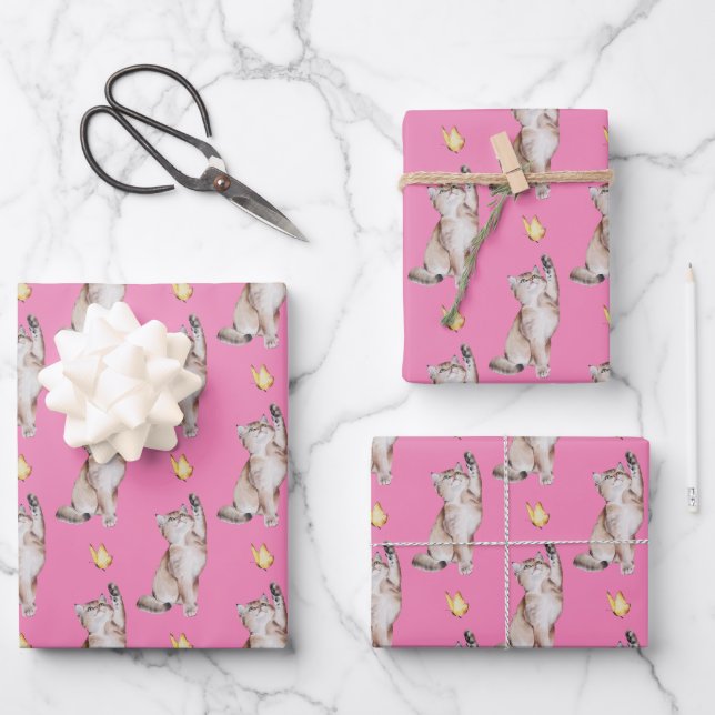 Katzenzucht für gelbe Schmetterlinge auf rosa Geschenkpapier Set (Vorderseite)