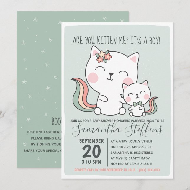 Kätzst du mich Niedlich Green Cat Boy Baby Dusche? Einladung (Vorne/Hinten)