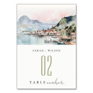 Kauai Hawaii Aquarell-Landschaft-Hochzeit Tischnummer