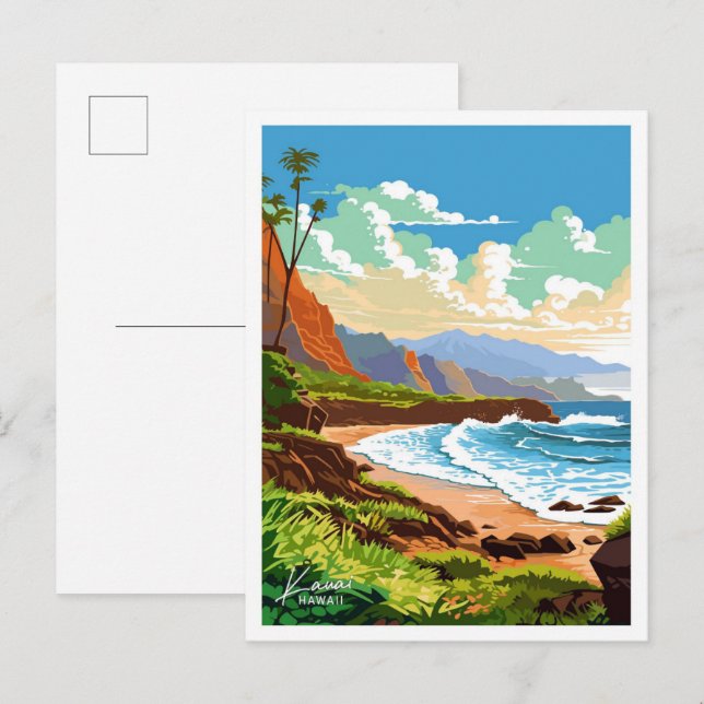 Kauai Hawaii Reise Vintage Illustration Postkarte (Vorne/Hinten)