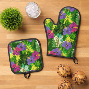 Kauai Jungle Hawaiian Hibiskus und Palms Brights Ofenhandschuh & Topflappen-Set