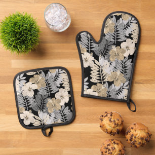 Kauai Jungle Hawaiian Hibiskus und Palms Neutral Ofenhandschuh & Topflappen-Set