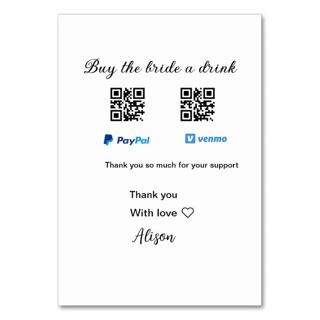 Kaufen Sie die Braut ein Getränk Spende QR Venmo P Tischnummer (Vorderseite)