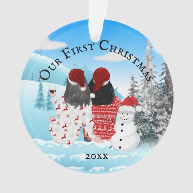 Kaukasisches lesbisches Ehepaar Snowman DIY-Foto O Ornament (Vorderseite)