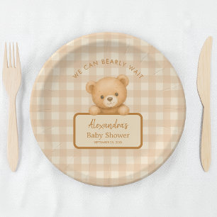Kaum Erwarten Brown Gingham & Teddy Bear Babyparty Pappteller