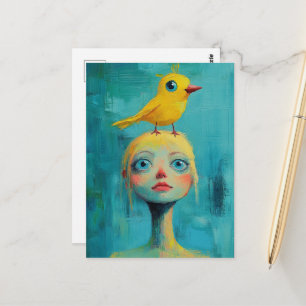 Kauzige blonde Frau mit gelbem Vogel auf dem Kopf Postkarte