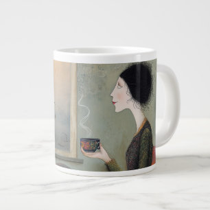 Kauzige Frau sitzt am Fenster und hält Jumbo-Tasse