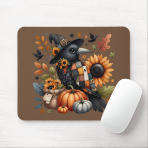 Kauzige Krähe mit Kürbissen und Sonnenblumen Mousepad