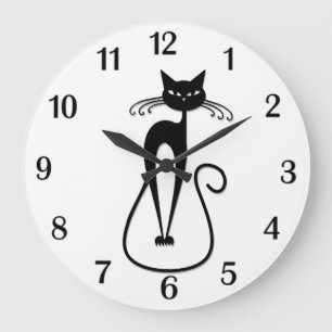 Kauzige schlanke schwarze Katze mit schwarzen Zahl Große Wanduhr