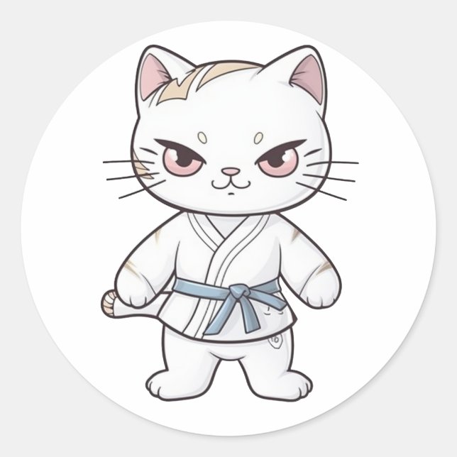 Kavaii-Katze in Karatoutfit gekleidet Runder Aufkleber (Vorderseite)