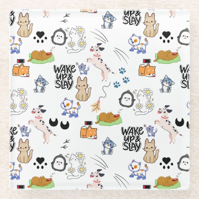 Kawai Pet Lover Niedliches nahtloses Muster Glasuntersetzer (Vorderseite)