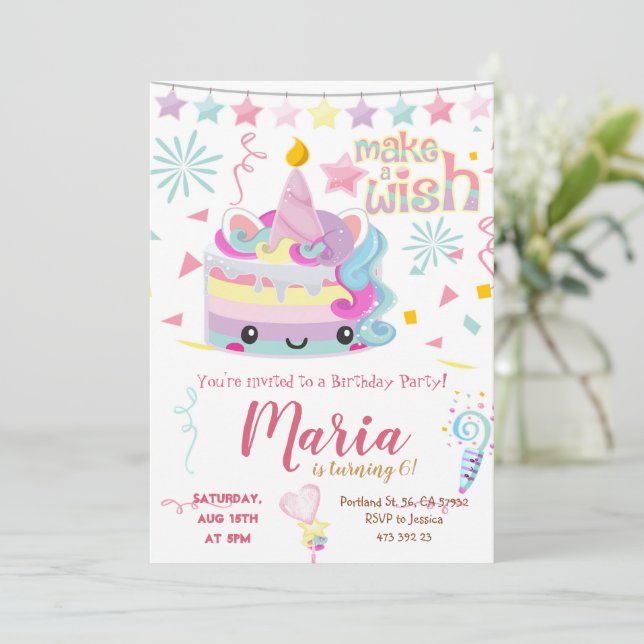 Kawai Unicorn Cake Pastel Anniversaire Invitation (Debout devant)