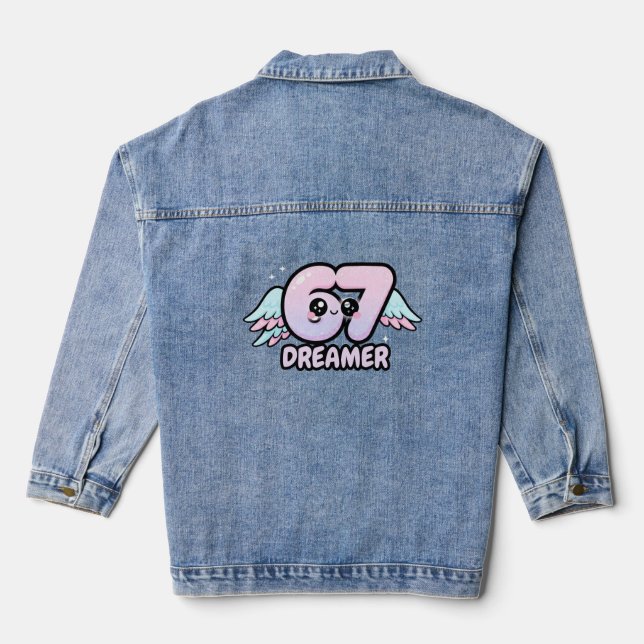 Kawaii "67 Dreamer" – Cute Pastel Angel Number  Jeansjacke (Rückseite)