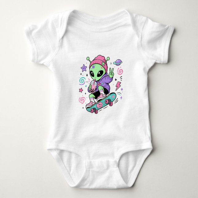Kawaii-Alien-Skater-Bubble-Tea-Design Baby Strampler (Vorderseite)