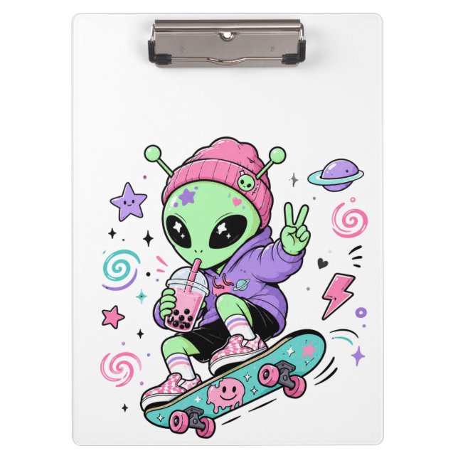 Kawaii-Alien-Skater-Bubble-Tea-Design Klemmbrett (Vorderseite)