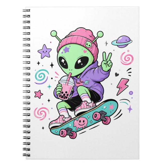 Kawaii-Alien-Skater-Bubble-Tea-Design Notizblock (Vorderseite)