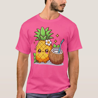 Kawaii Ananas mit Kokosnuss trinkender Kokosnuss W T-Shirt