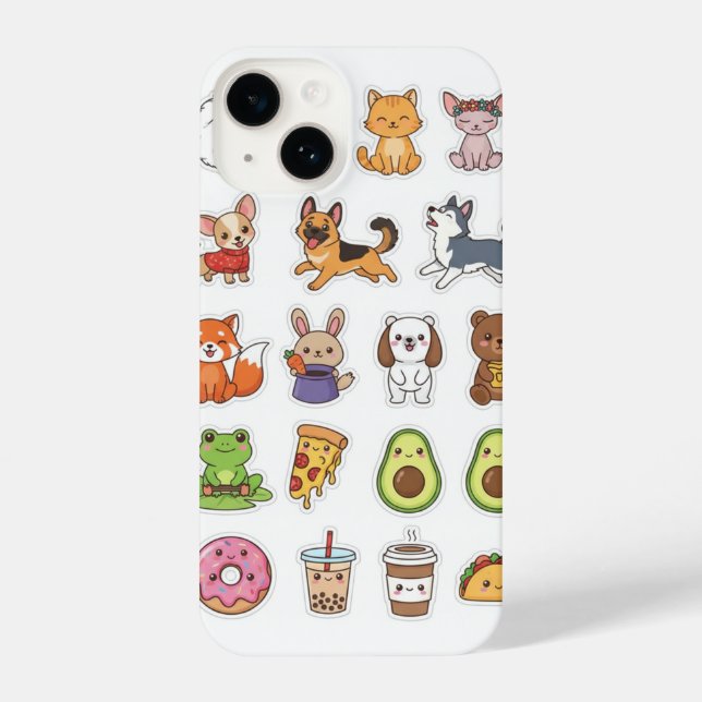 Kawaii Animals & Food Stickers – Cute Cartoon Stic iPhone 14 Hülle (Rückseite)