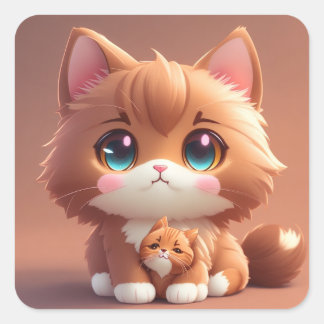 Kawaii Anime-Aufkleber: Extravagante braune Katze  Quadratischer Aufkleber