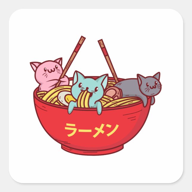 Kawaii Anime Cat Funny Adorable Japanisch Ramen Quadratischer Aufkleber (Vorderseite)