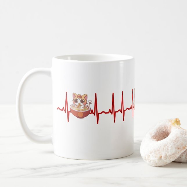 Kawaii Anime Cat Ramen Noodles Otaku EKG Heartbeat Kaffeetasse (Mit Donut)