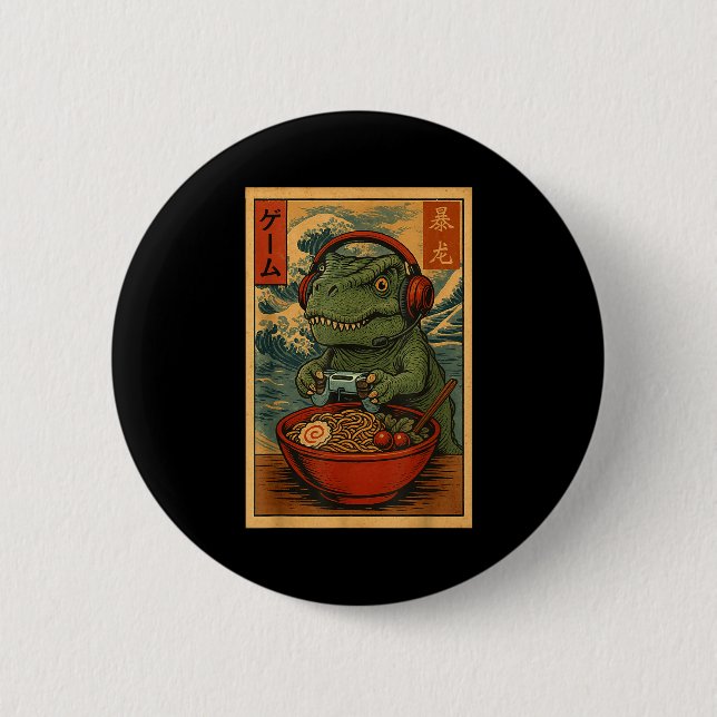 Kawaii Anime Gamer T-rex Ramen Retro Japanese Gami Button (Vorderseite)